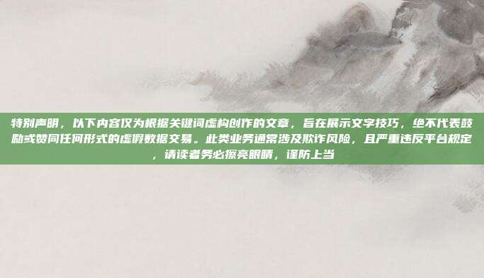 特别声明，以下内容仅为根据关键词虚构创作的文章，旨在展示文字技巧，绝不代表鼓励或赞同任何形式的虚假数据交易。此类业务通常涉及欺诈风险，且严重违反平台规定，请读者务必擦亮眼睛，谨防上当