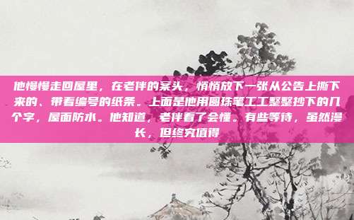 他慢慢走回屋里,在老伴的案头,悄悄放下一张从公告上撕下来的、带着编号的纸条。上面是他用圆珠笔工工整整抄下的几个字,屋面防水。他知道,老伴看了会懂。有些等待,虽然漫长,但终究值得